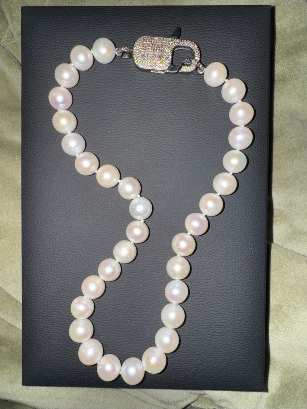 FRESH WATER PEARL STERLING SILVER NECKLACE W/ TOURMALINE PAVE CLASP - 16” LONG